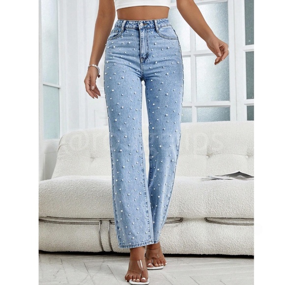 Pearl Beaded Embellished Blue Straight Leg Jeans Denim - Picture 6 of 7